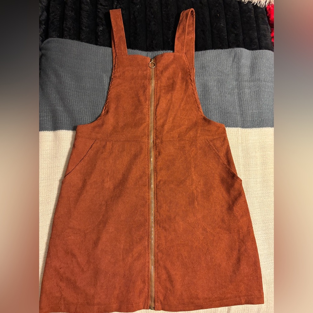 SHEIN Rust Brown Corduroy Zip-Front Pinafore Dress